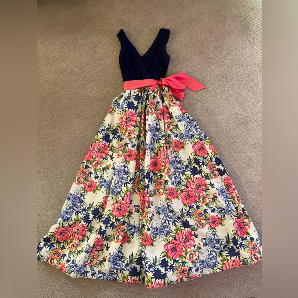 🩷Leslie Fay Floral Navy Blue & Coral Pink V-Neck Maxi Dress size 6 EUC - Picture 2 of 14